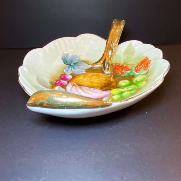 Vintage Porcelain Dish Fruit Transfer Gold Tone Handle - Picture 3 of 6